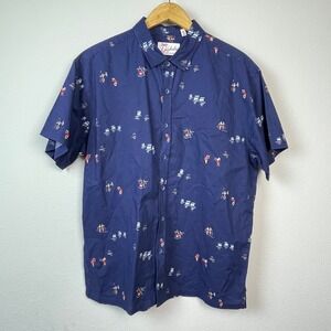 Kahala Aloha Shirt Mens L Navy Blue Linen Cotton Beach Camp Hawaiian Button Up